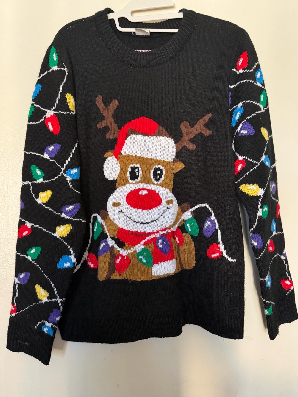 Light-Up Reindeer Christmas Ugly Sweater Black LED Holiday Pullover Size Large